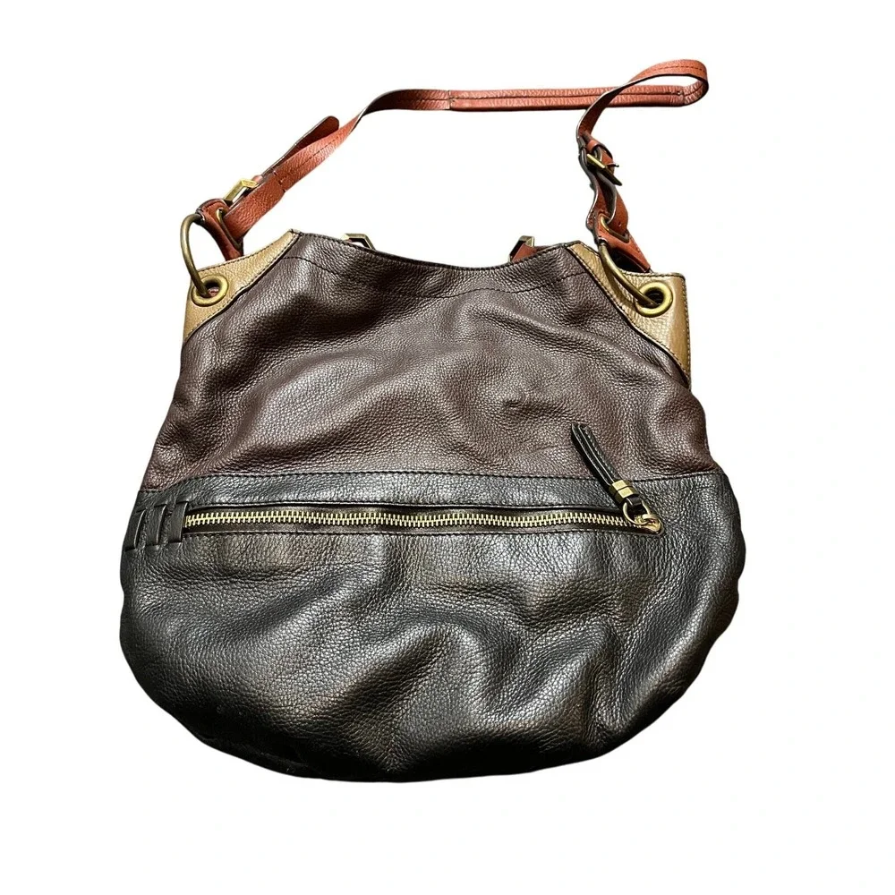 OrYANY Hobo Bag‎ Medium Brown Colorblock Pebbled Leather Slouchy Shoulder Bag